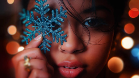 A young Indian girl playfully holds a sparkling snowflake amid festive lights.の素材