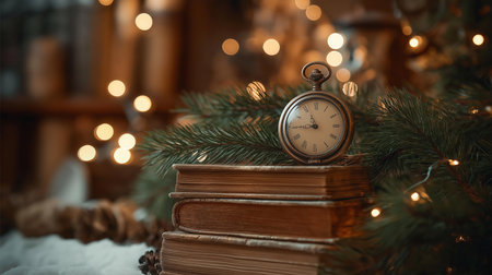 A cozy scene features a stack of vintage books beside a pocket watch, illuminated by warm lights.の素材