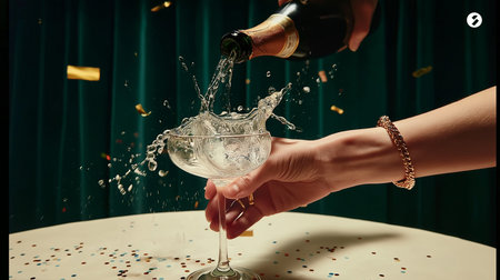 A woman's hand gracefully pours champagne into a glass, capturing the joy of a special celebration.の素材