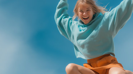 A girl wearing a blue hoodie joyfully jumps in the air, smiling under a bright blue sky.の素材