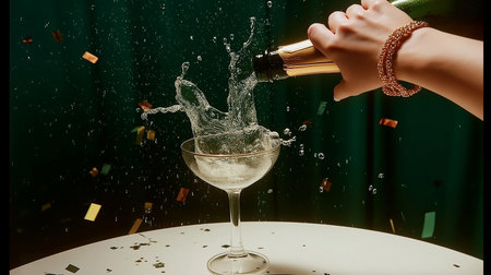 A cheerful hand pours champagne, adding bubbles and confetti to the festive vibe.の素材