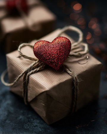 Delightful gift wrapped in craft paper with a shimmering red heart on top, perfect for celebrations.の素材