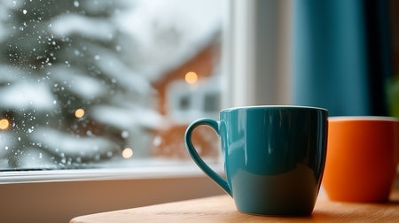 Snowflakes fall outside while colorful mugs sit by the window, inviting warmth and comfort.の素材