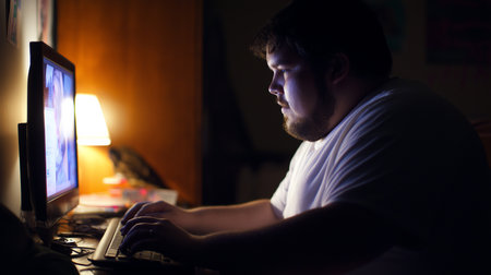 A young man sits at his desk, absorbed in his computer, surrounded by soft light at night.の素材