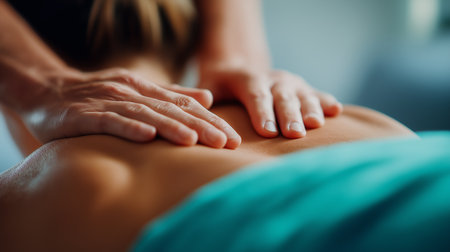 Relaxation unfolds as gentle hands provide a calming massage in a serene setting.の素材