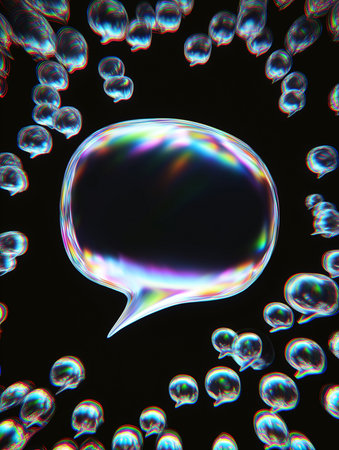A speech bubble glows in darkness, surrounded by sparkling soap bubbles for a magical feel.の素材