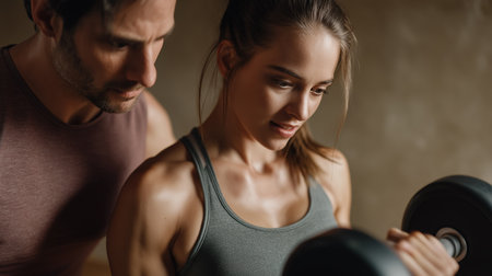 Focused trainer helps client lift weights while ensuring proper form to achieve fitness goals.の素材