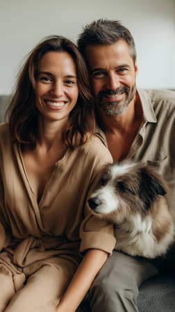 Happy couple sits together on a sofa, enjoying their time with a fluffy dog in a stylish home.の素材