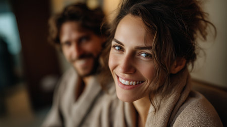 Two people enjoy a moment of tranquility while dressed in soft spa robes, smiling warmly together.の素材