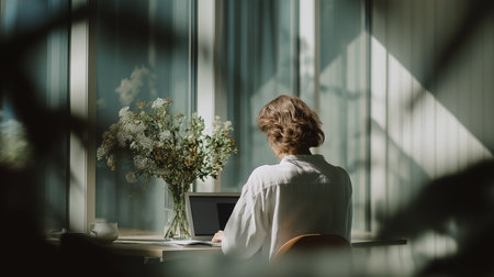 A person focuses on a laptop in a well-lit workspace filled with fresh flowers.の素材