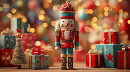 A nutcracker figure stands proudly surrounded by vibrant holiday gifts and sparkling lights.の素材