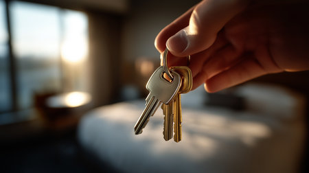 A hand grips shiny keys, ready to unlock a future full of possibilities at dusk.の素材