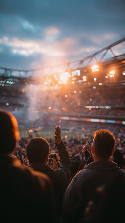 Fans cheer passionately as stadium lights create an electric sunset atmosphere.の素材