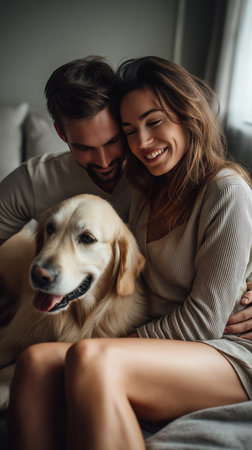 A couple smiles with their golden retriever on the sofa, enjoying a joyful moment at home.の素材