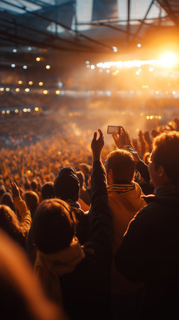 Excited fans wave their arms amidst glowing lights as the concert comes alive at sunset.の素材