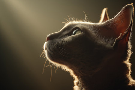 A curious Devon Rex cat explores its surroundings, captivated by a soft, warm glow.の素材