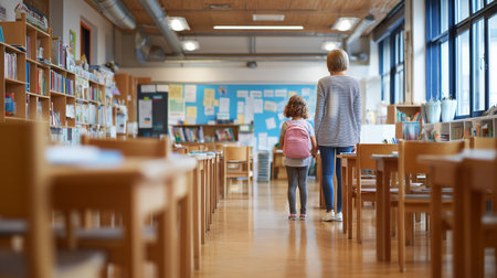 A young child walks with an adult towards a table for a level test in a bright library.の素材