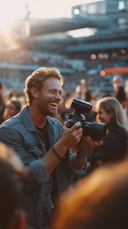 A cheerful photographer smiles while capturing candid moments at a lively outdoor gathering.の素材