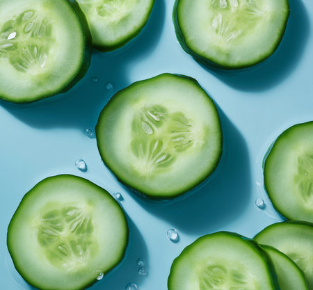 Sliced cucumbers are artistically displayed on a smooth blue backdrop, showcasing their freshness.の素材