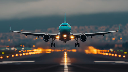 Airplane lifts off the ground on a runway as evening lights shimmer in the background.の素材