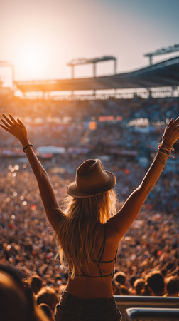 A cheerful attendee raises her hands in excitement as the sun sets over a packed concert scene.の素材