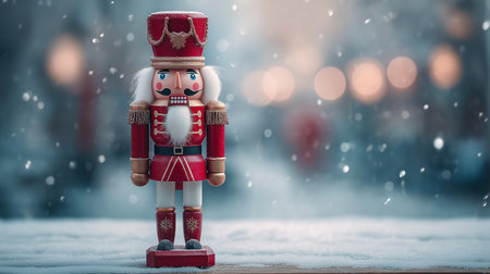 A vintage red nutcracker stands against snow, surrounded by falling flakes of holiday joy.の素材