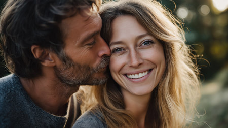 A man leans in to kiss a woman on the cheek, both smiling joyfully in a lush outdoor environment.の素材