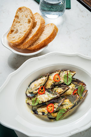 Baked mussels topped with herbs and chilies, served with fresh bread, make a tasty seafood dish.の写真素材