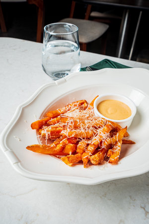 Delicious sweet potato fries topped with cheese, served with a rich dipping sauce and water.の写真素材