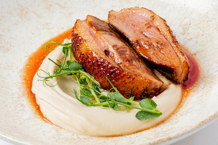 Enjoy a beautifully plated dish featuring tender duck breast atop velvety puree with green herbs.の写真素材