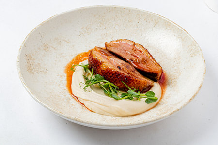 Tender slices of duck breast are artfully presented on a creamy puree, garnished with herbs.の写真素材