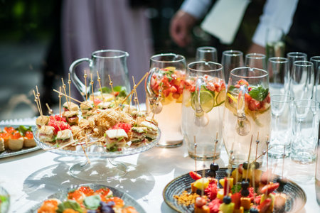 Guests are welcomed with elegant appetizers and drinks at a joyful outdoor celebration.の写真素材