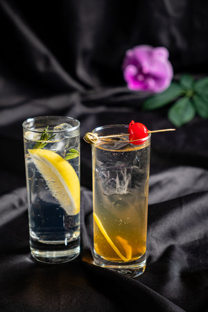 Two stylish cocktails sit on a dark fabric, featuring bright garnishes and a touch of elegance.の写真素材