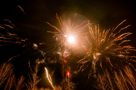 Colorful fireworks burst into vibrant patterns against the dark sky, celebrating a special occasion.の写真素材