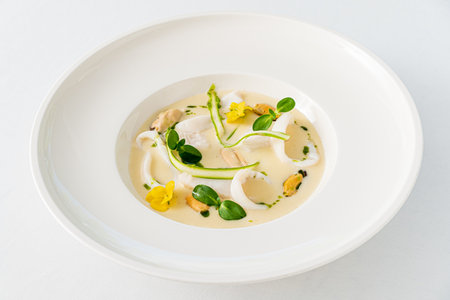 An elegantly arranged seafood dish highlights fresh ingredients and vibrant flavors.の写真素材