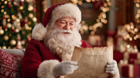 Santa joyfully examines his list of good and naughty children while cozying by the fire.の素材
