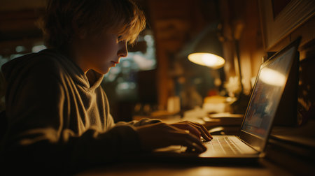 A young boy focuses on his laptop, illuminated by a warm lamp, in a cozy room at evening.の素材