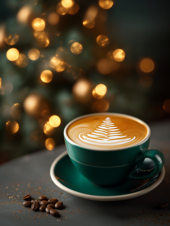 A warm latte art Christmas tree next to coffee beans and glowing holiday lights.の素材