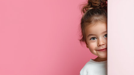 The joyful girl with curly hair peeks from behind a wall, her smile shining with playfulness.の素材