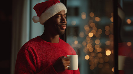 Smiling man in a red sweater and Santa hat holds a warm drink while looking out the window.の素材