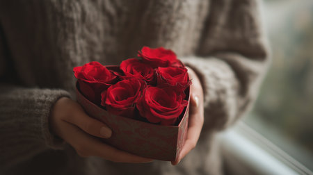 A person cradles a lovely heart-shaped box filled with fresh red roses, radiating warmth and love.の素材