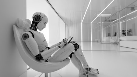 A robotic figure sits comfortably, interacting with a device in a sleek, modern environment.の素材