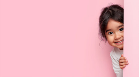 Joyful child peeks out from behind a wall, showcasing her bright smile and curious nature.の素材