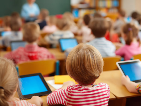 Children focus on their tablets as the teacher guides them through a lesson in class.の素材