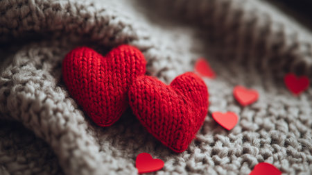 Two red knitted hearts rest on a soft gray blanket, surrounded by playful red hearts.の素材