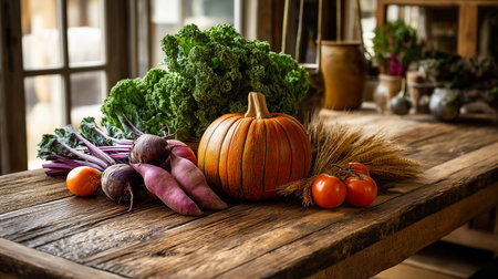 Fresh vegetables and greens create a lively display on a rustic wooden table in a charming space.の素材