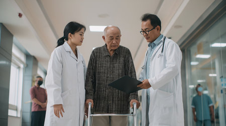 Elderly man uses walker as doctor and nurse review his medical records in hospital.の素材
