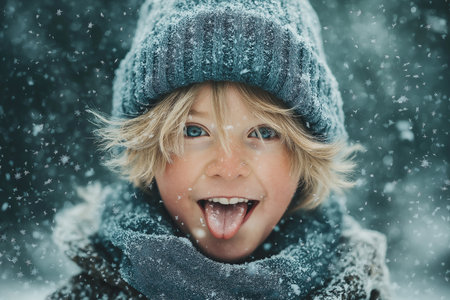 Excited child with blond hair eagerly catches falling snowflakes in the chilly air.の素材
