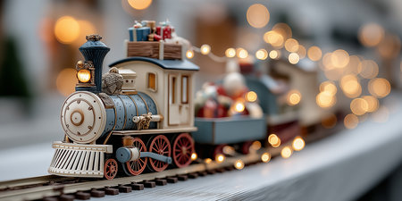 A charming miniature train glows with festive lights, carrying small gifts in a cozy setting.の素材