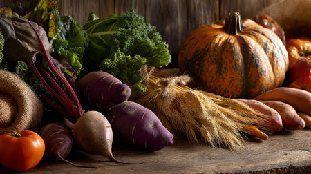 A wooden table showcases fresh autumn vegetables and grains, highlighting the season's bounty.の素材
